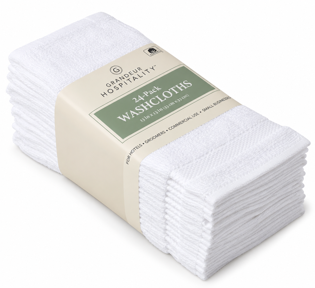 Grandeur Hospitality Washcloths, 100% Cotton, Soft & Absorbent, 13" x 13", White, 24-Pack, for Bathroom, Hotels, Spa & Everyday Use