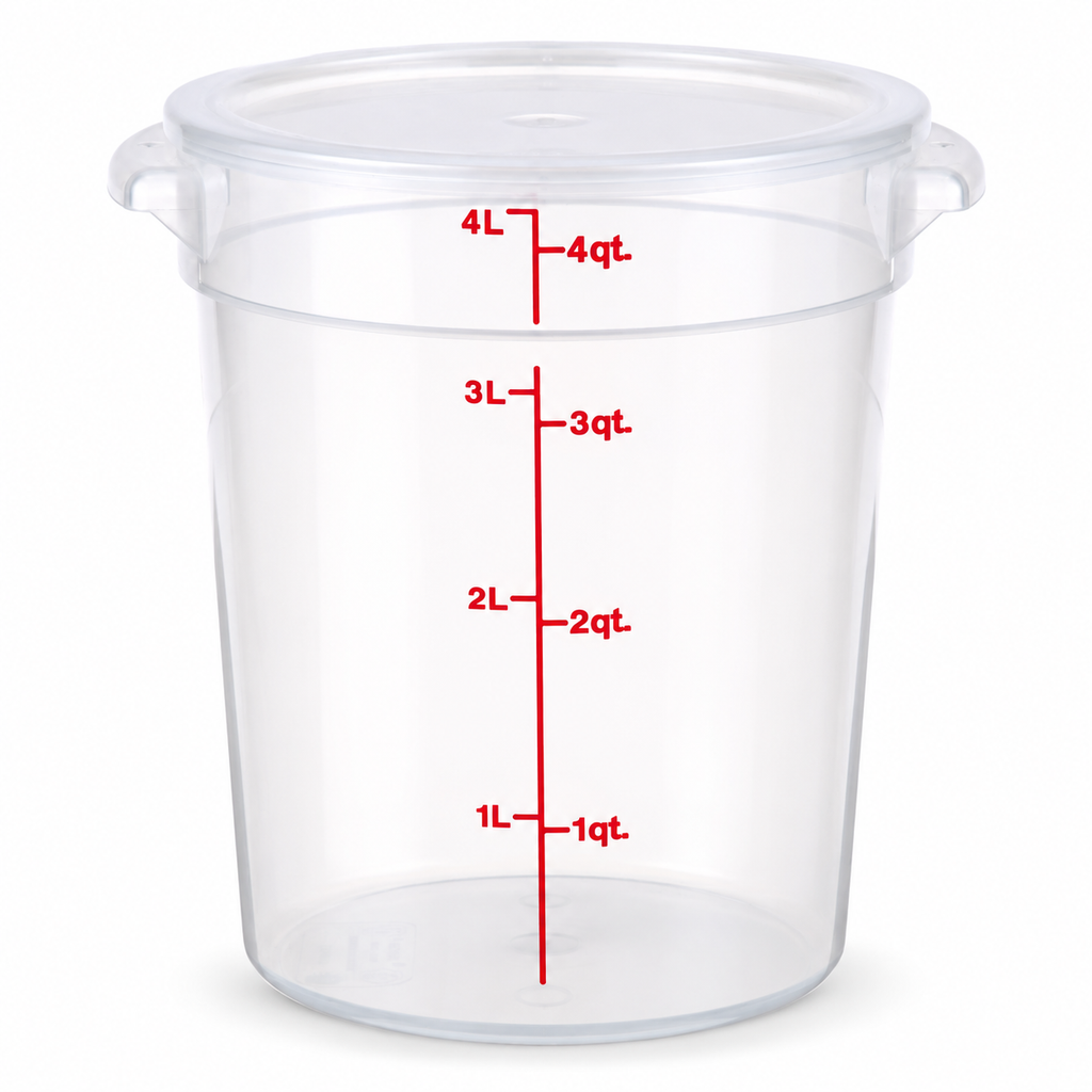 4 Qt Round Food Storage Container with Lid, Clear Graduated Container, Red Quart & Liter Measurement Markings, 3.8 L Capacity