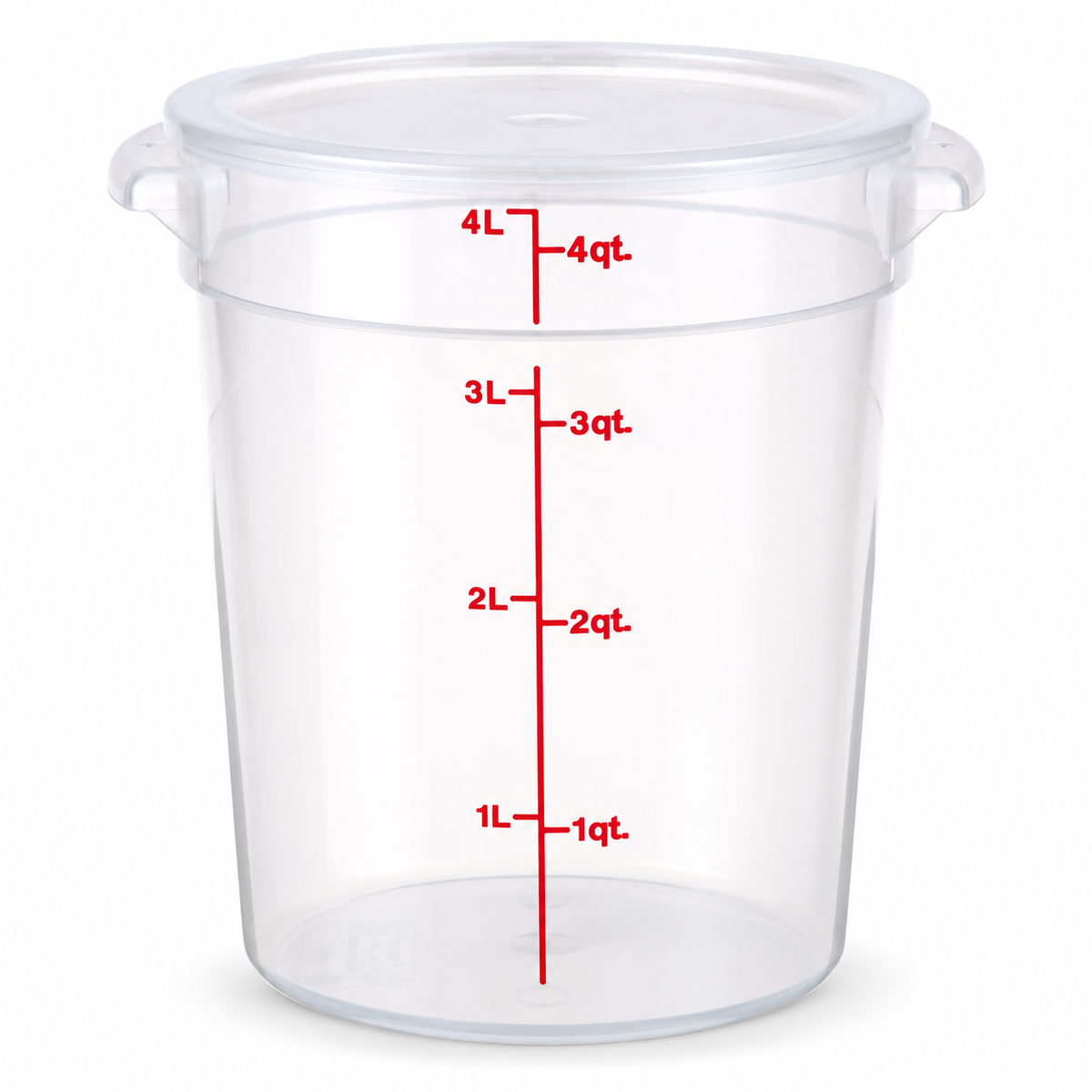 4 Qt Round Food Storage Container with Lid, Clear Graduated Container, Red Quart & Liter Measurement Markings, 3.8 L Capacity