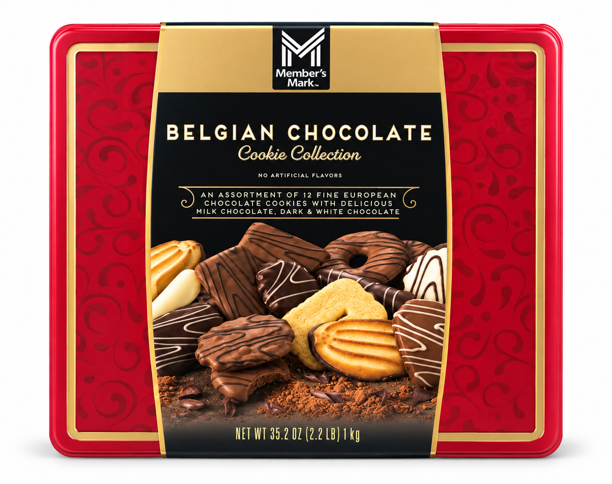 Member’s Mark Belgian Chocolate Cookie Collection, 12 European Cookie Varieties, Milk, Dark & White Chocolate, 35.2 oz Gift Tin