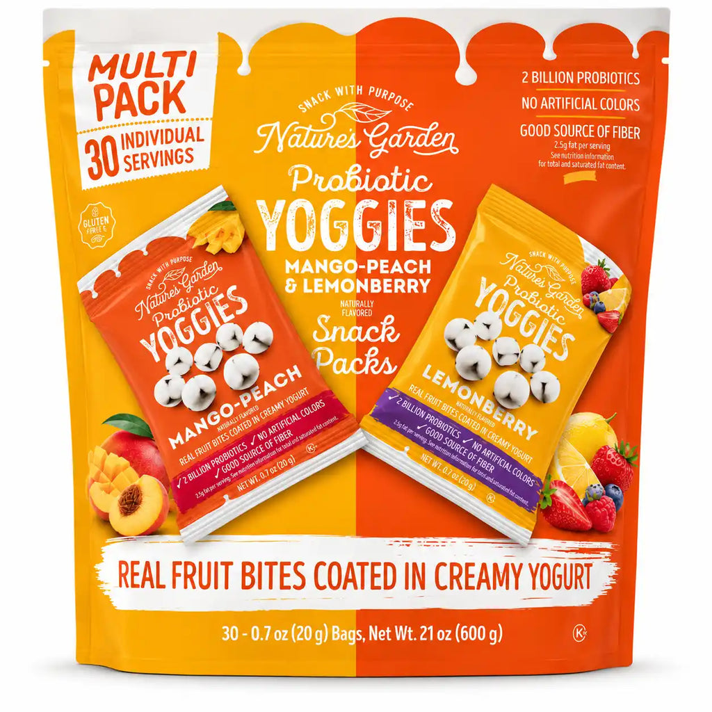 Nature's Garden Probiotic Yoggies Fruit Snacks, Mango-Peach & Lemonberry Flavors, Yogurt-Coated Fruit Bites, 2 Billion Probiotics, Gluten-Free, 30 Individually Packaged Packs, 21 oz