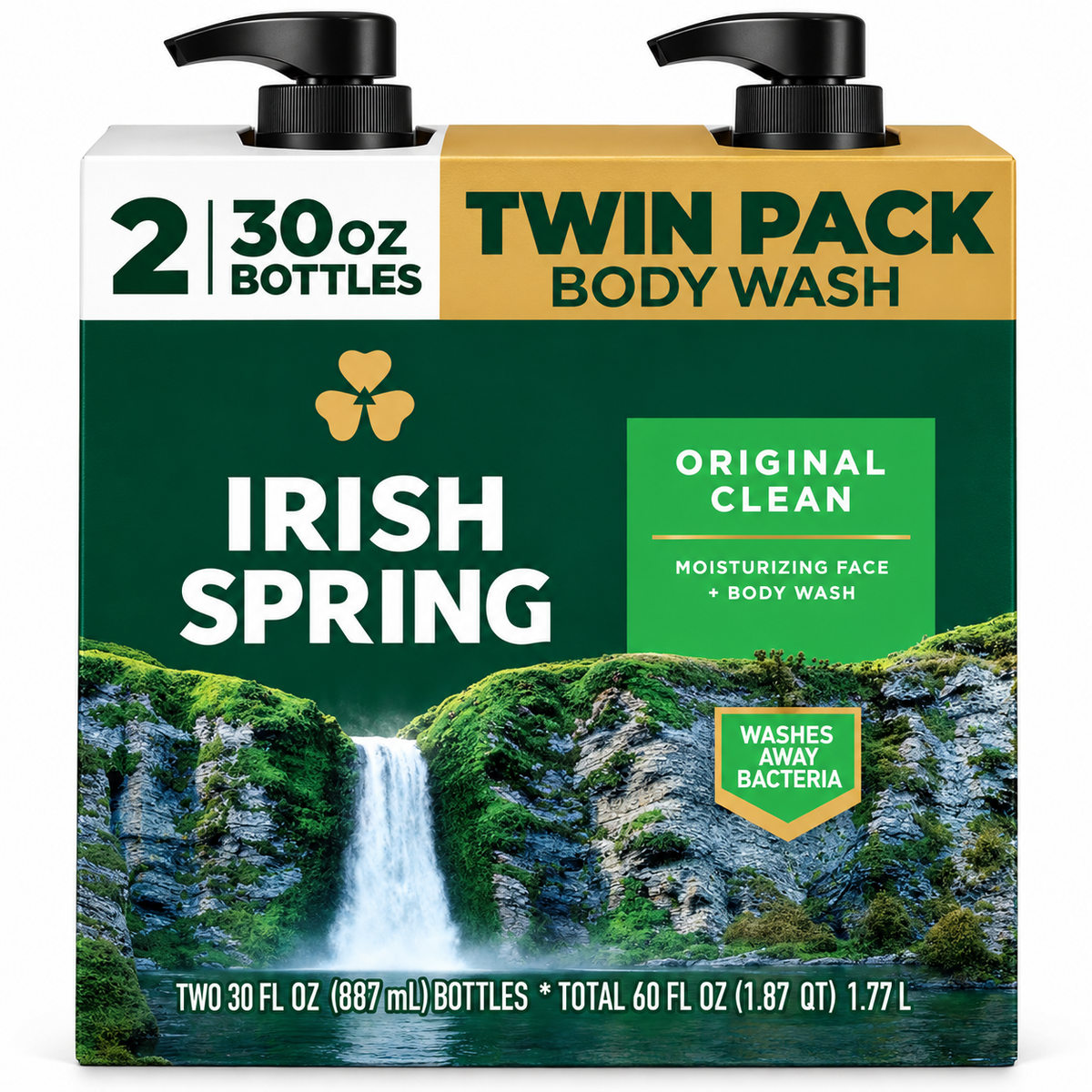 Irish Spring Original Clean Body Wash for Men, Moisturizing Face & Body Wash, 24-Hour Freshness, 30 fl oz Each (Pack of 2, 60 fl oz Total)
