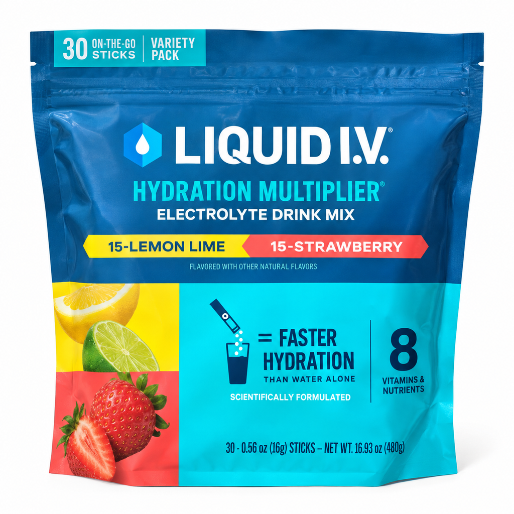 Liquid I.V. Hydration Multiplier Electrolyte Drink Mix, Lemon Lime & Strawberry Variety Pack, 30 Sticks