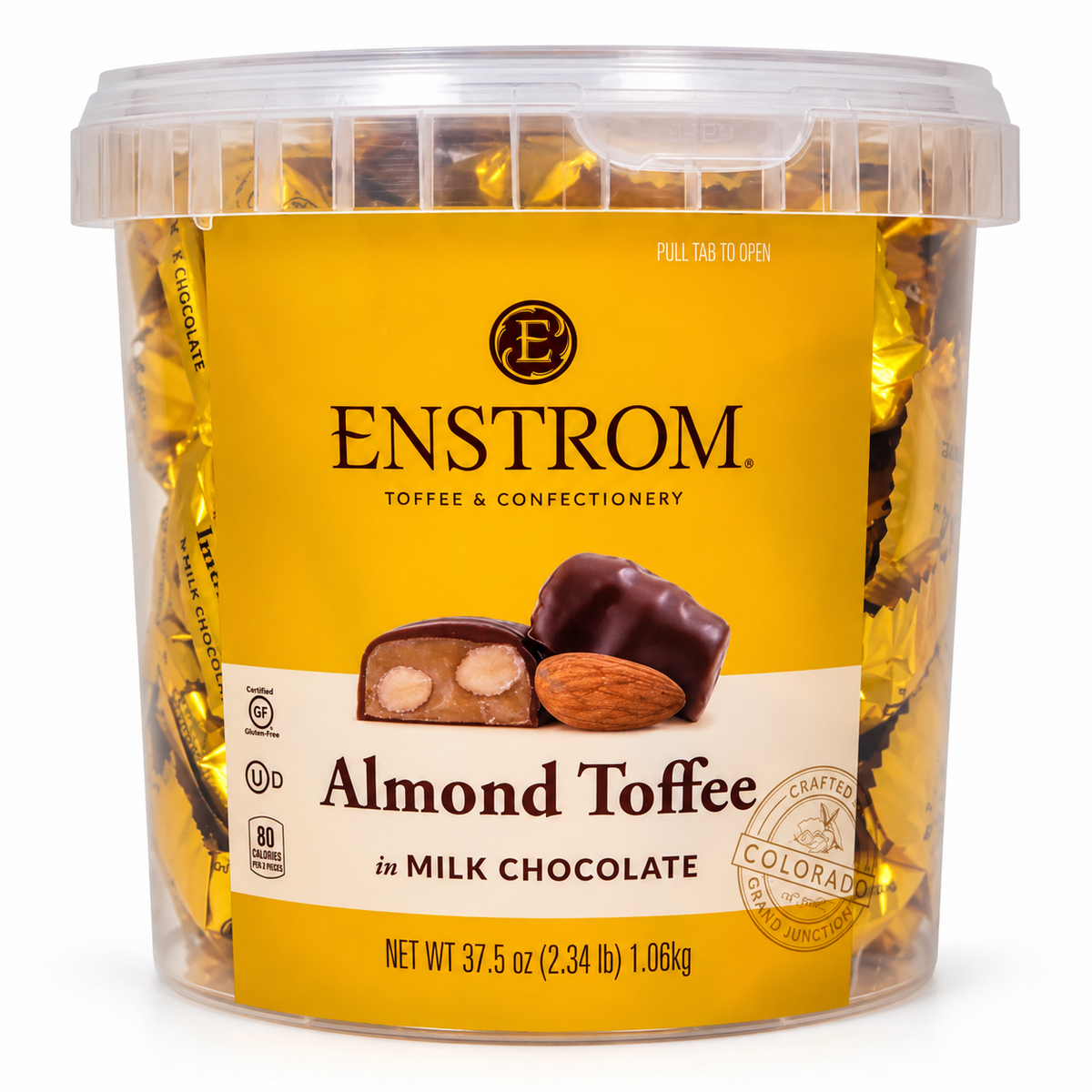 Enstrom Almond Toffee in Milk Chocolate, Individually Wrapped, 37.5 oz (2.34 lb / 1.06 kg) Tub
