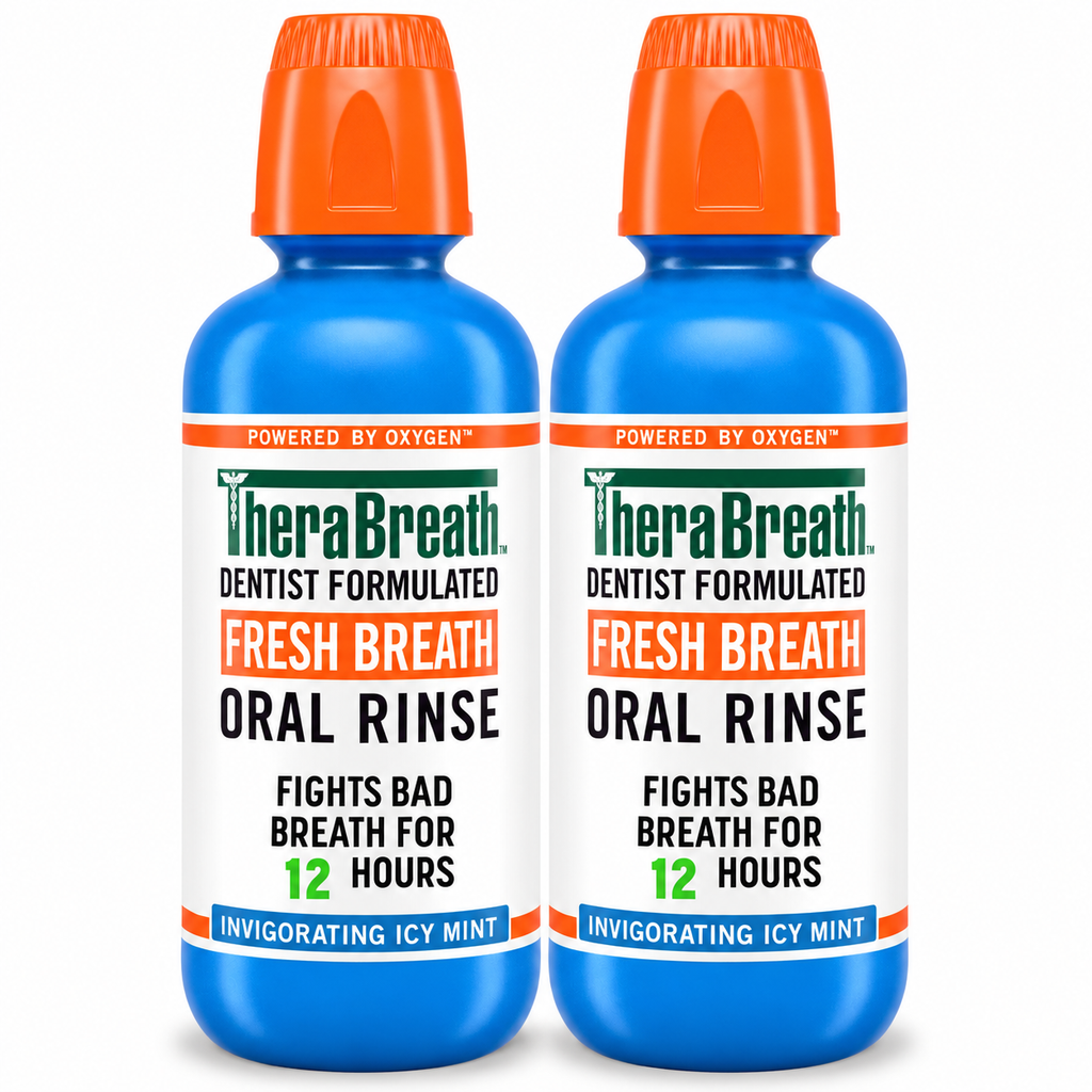 TheraBreath Fresh Breath Oral Rinse, Invigorating Icy Mint, Dentist Formulated, Fights Bad Breath for 12 Hours, 16 fl oz Each, 2 Count