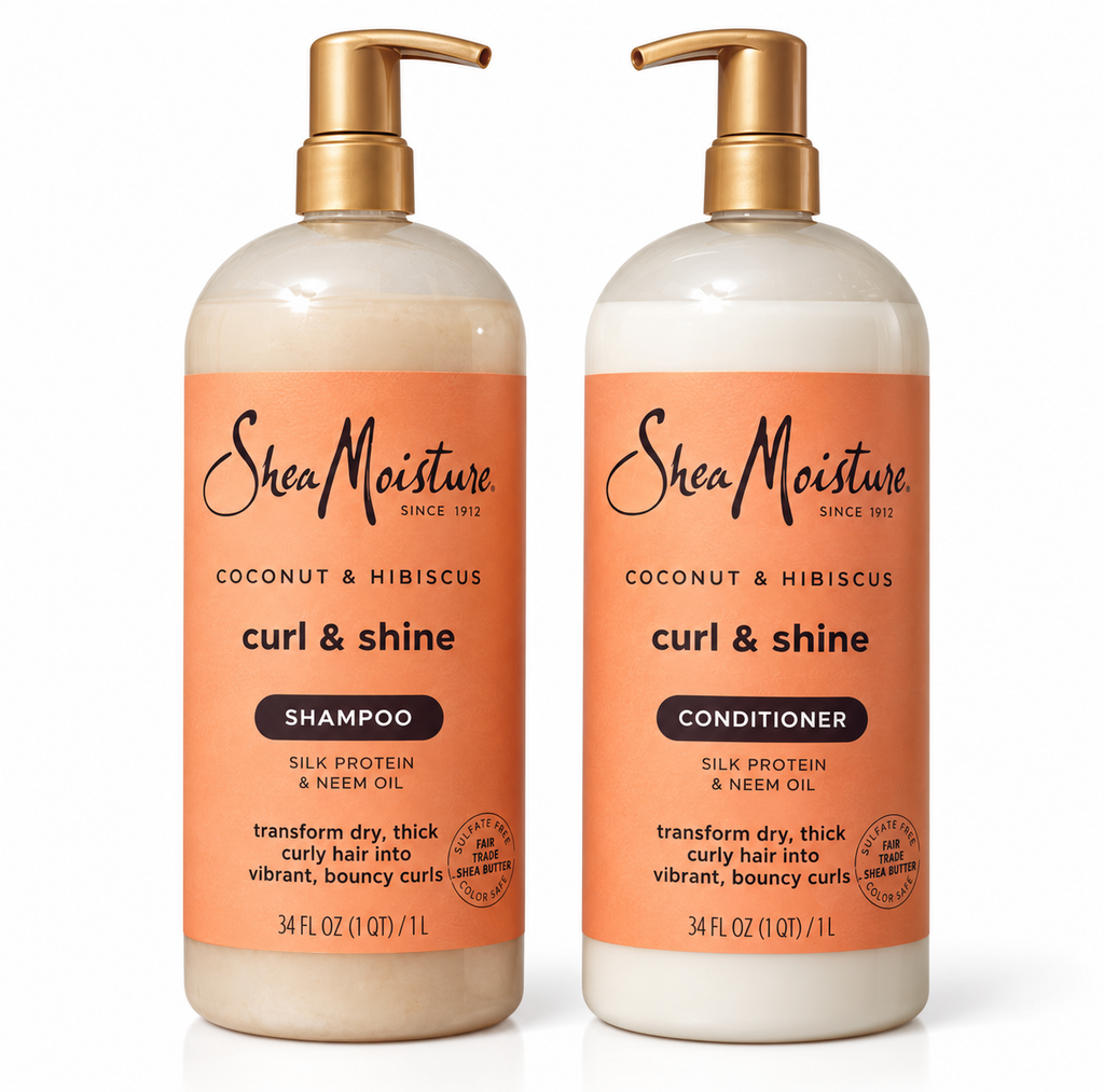 SheaMoisture Coconut & Hibiscus Curl & Shine Shampoo & Conditioner Set, Silk Protein & Neem Oil, 34 fl oz Each, 2 Count, 68 fl oz Total
