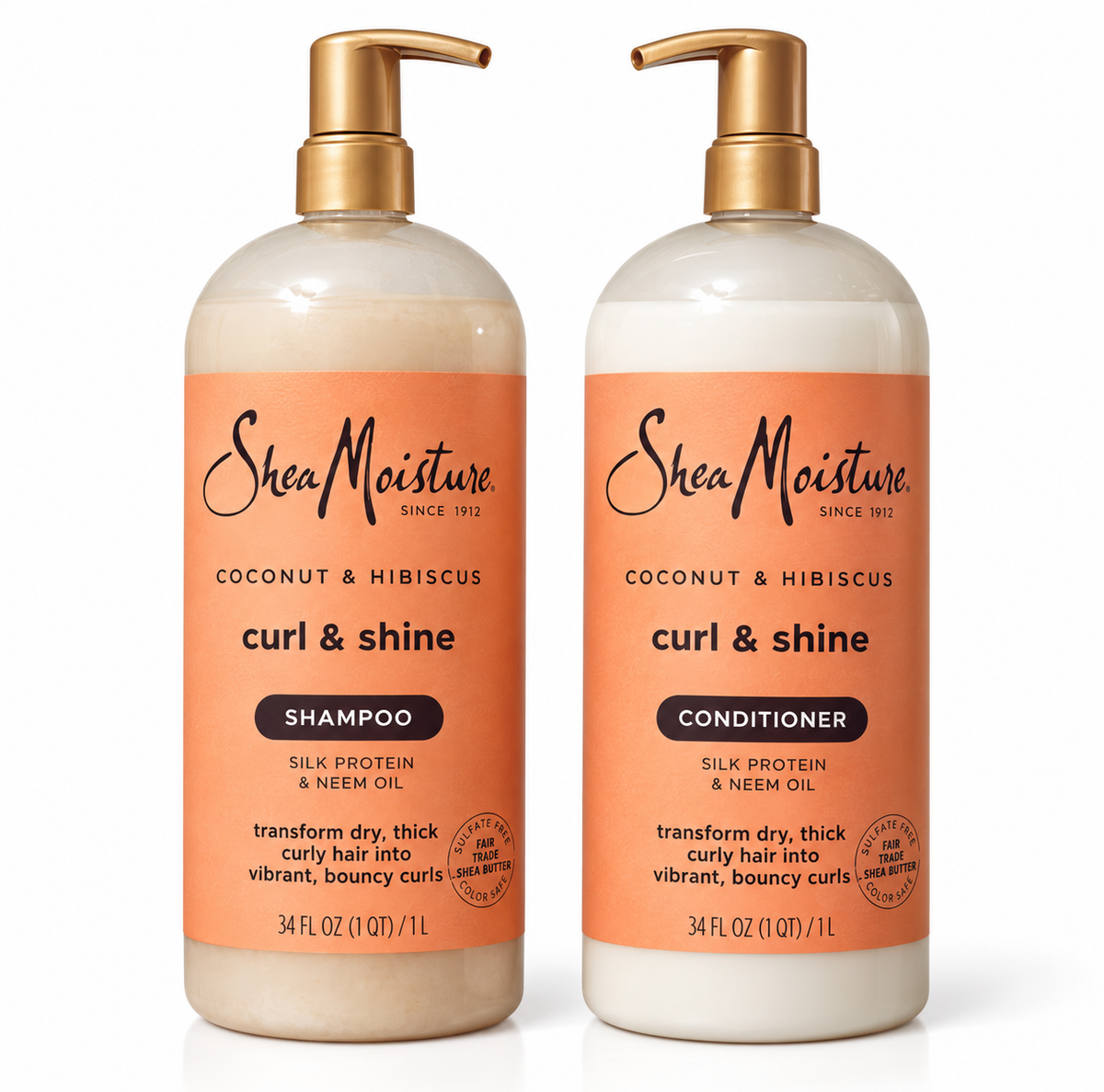 SheaMoisture Coconut & Hibiscus Curl & Shine Shampoo & Conditioner Set, Silk Protein & Neem Oil, 34 fl oz Each, 2 Count, 68 fl oz Total
