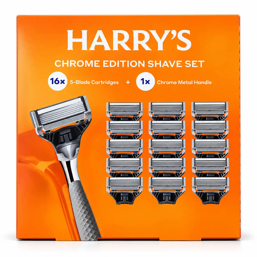 Harry’s Chrome Edition Shave Set, Chrome Metal Razor Handle + 16 Five-Blade Cartridges, 17-Piece Men’s Shaving Set