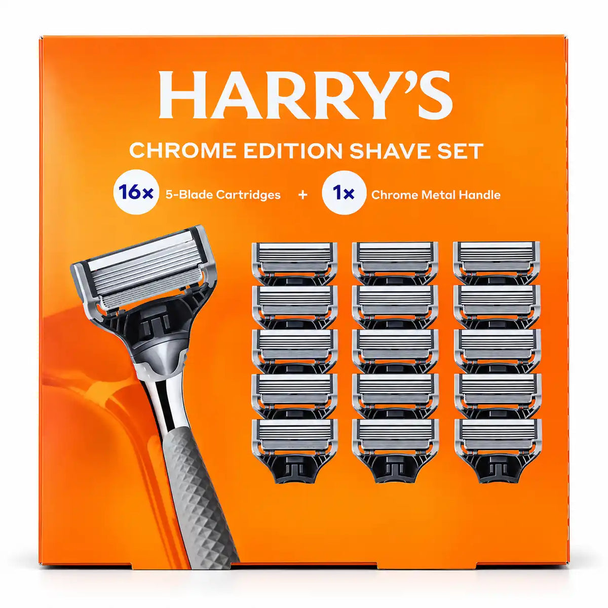 Harry’s Chrome Edition Shave Set, Chrome Metal Razor Handle + 16 Five-Blade Cartridges, 17-Piece Men’s Shaving Set
