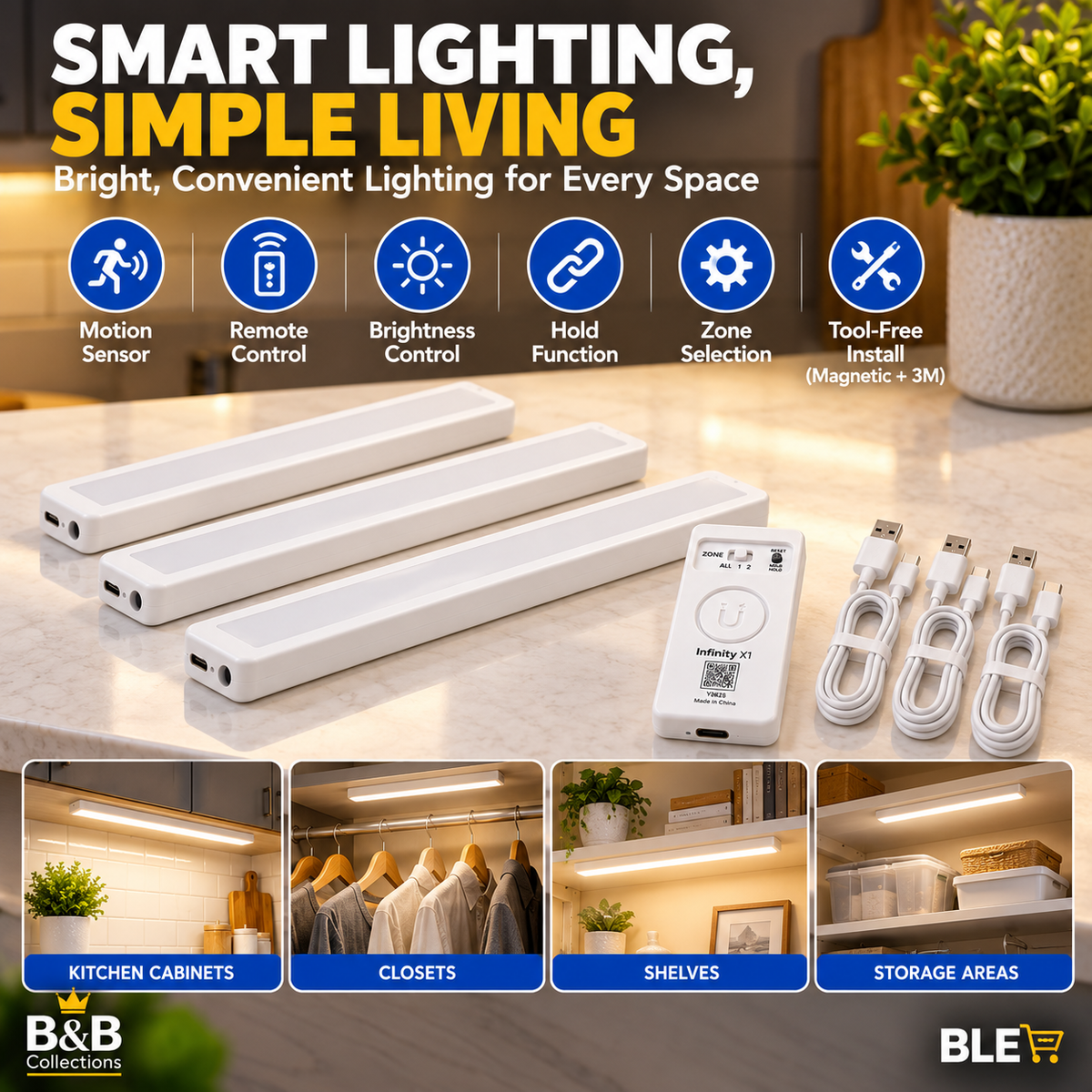 Infinity X1 LED Under Cabinet Lights, 3-Pack, Motion Sensor Lighting with Remote Control, White Wireless Light Bars for Kitchen Cabinets, Closets & Shelves