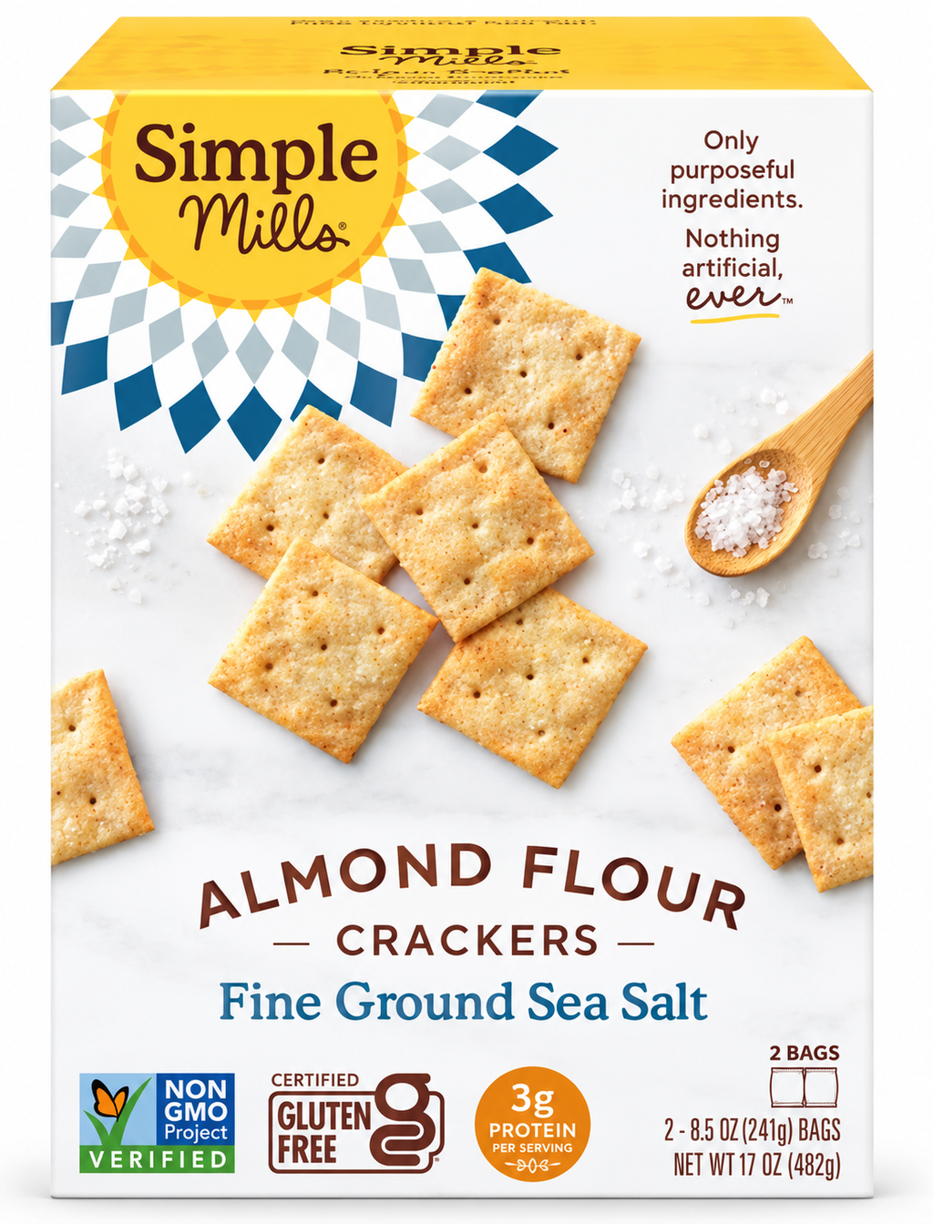 Simple Mills Almond Flour Crackers, Fine Ground Sea Salt, Gluten-Free, Grain-Free, Non-GMO, Vegan, Paleo-Friendly, 3g Protein, 2 Bags (8.5 oz Each)