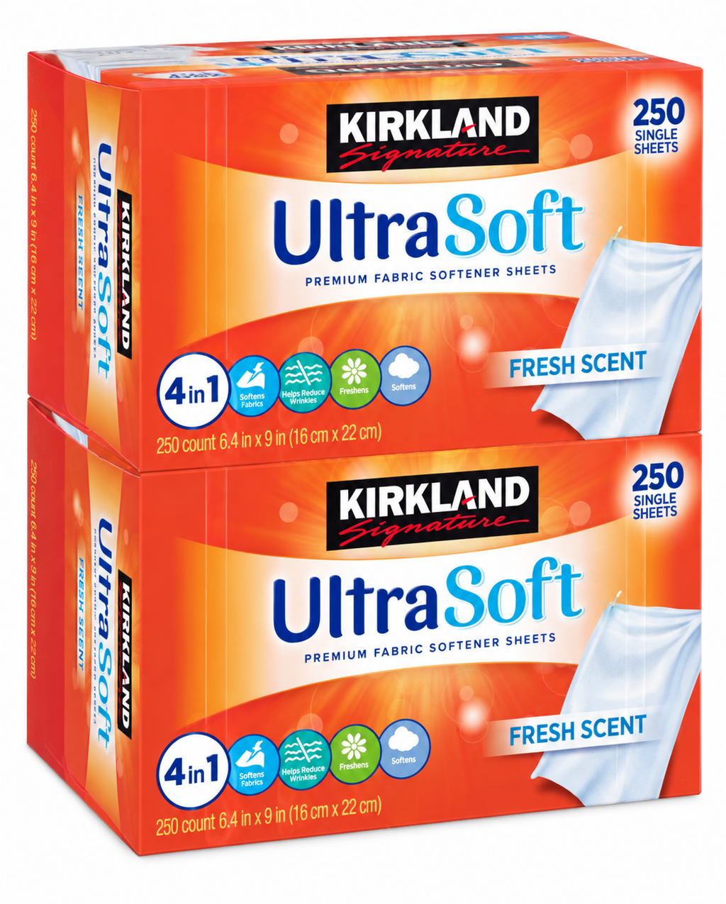 Kirkland Signature UltraSoft Premium Fabric Softener Sheets, Fresh Scent, 500 Count, 2 Packs of 250 Sheets