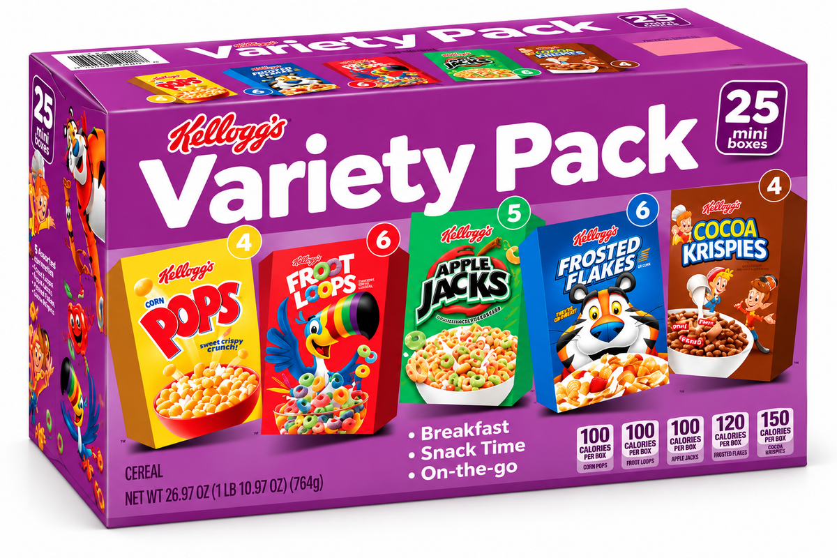 Kellogg’s Cereal Variety Pack, 25 Mini Boxes, 5 Assorted Flavors, 26.97 oz