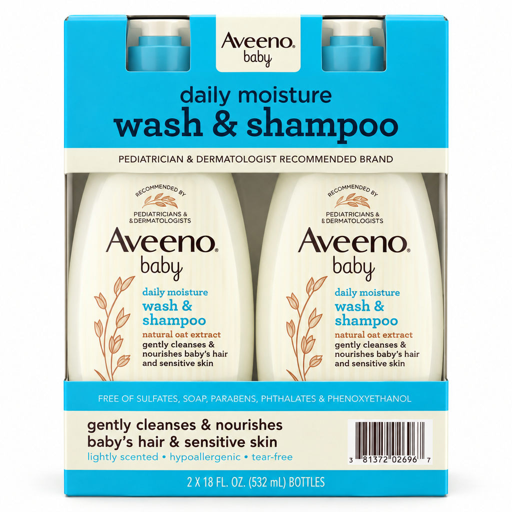 Aveeno Baby Daily Moisture Wash & Shampoo with Natural Oat Extract, Tear-Free & Hypoallergenic, 18 fl. oz. Each, 2-Pack