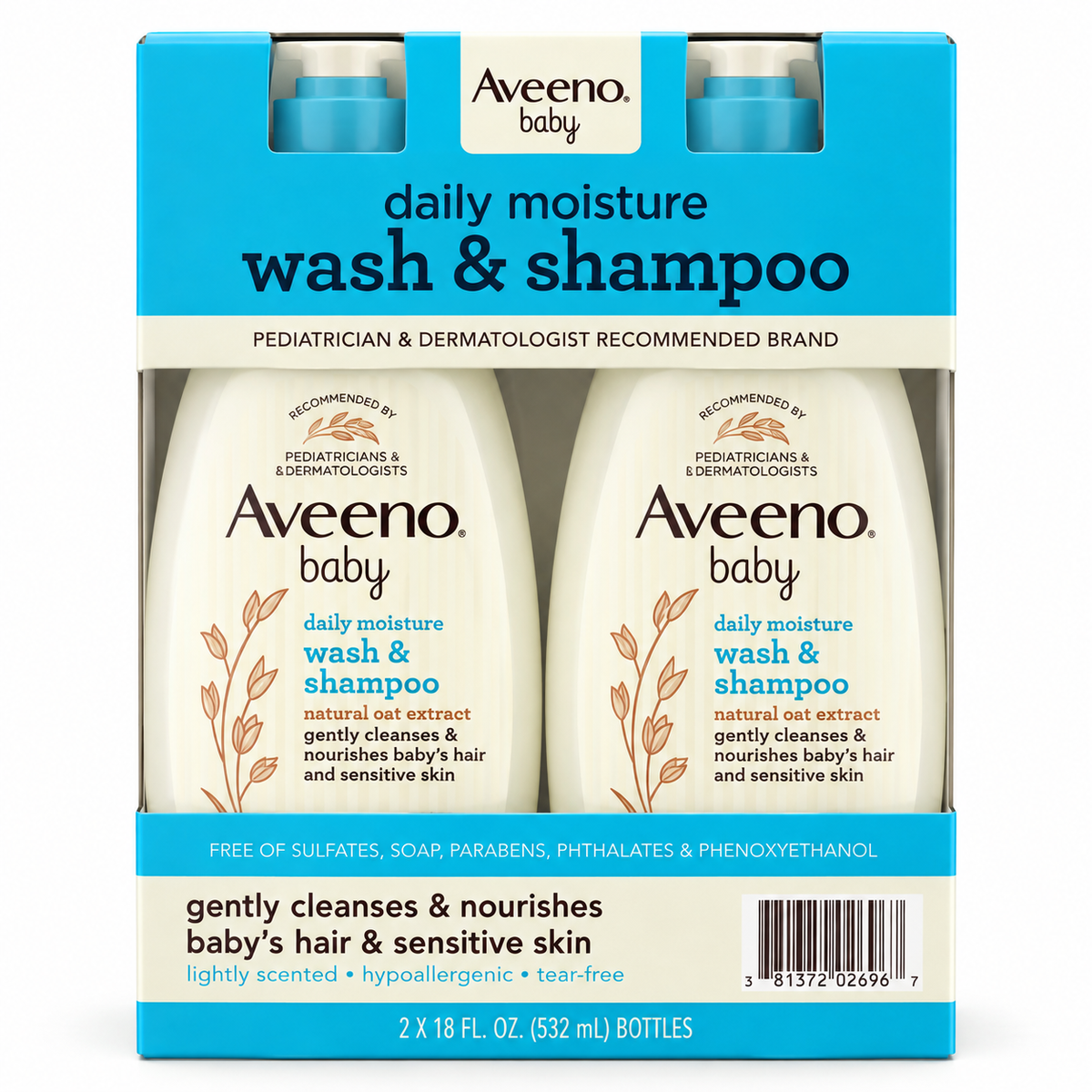 Aveeno Baby Daily Moisture Wash & Shampoo with Natural Oat Extract, Tear-Free & Hypoallergenic, 18 fl. oz. Each, 2-Pack