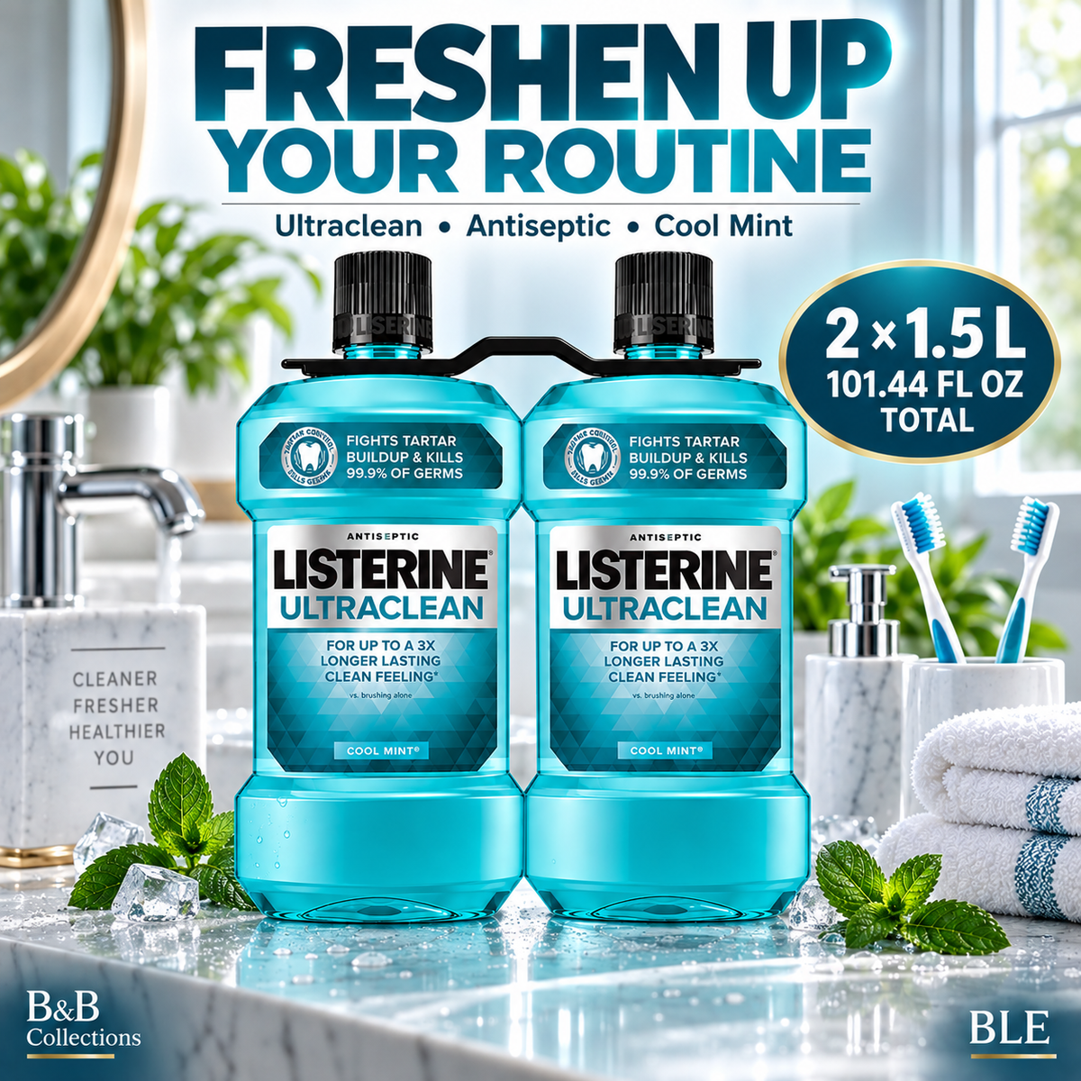 Listerine Ultraclean Antiseptic Mouthwash, Cool Mint, 1.5 L / 50.72 fl oz Each, Pack of 2
