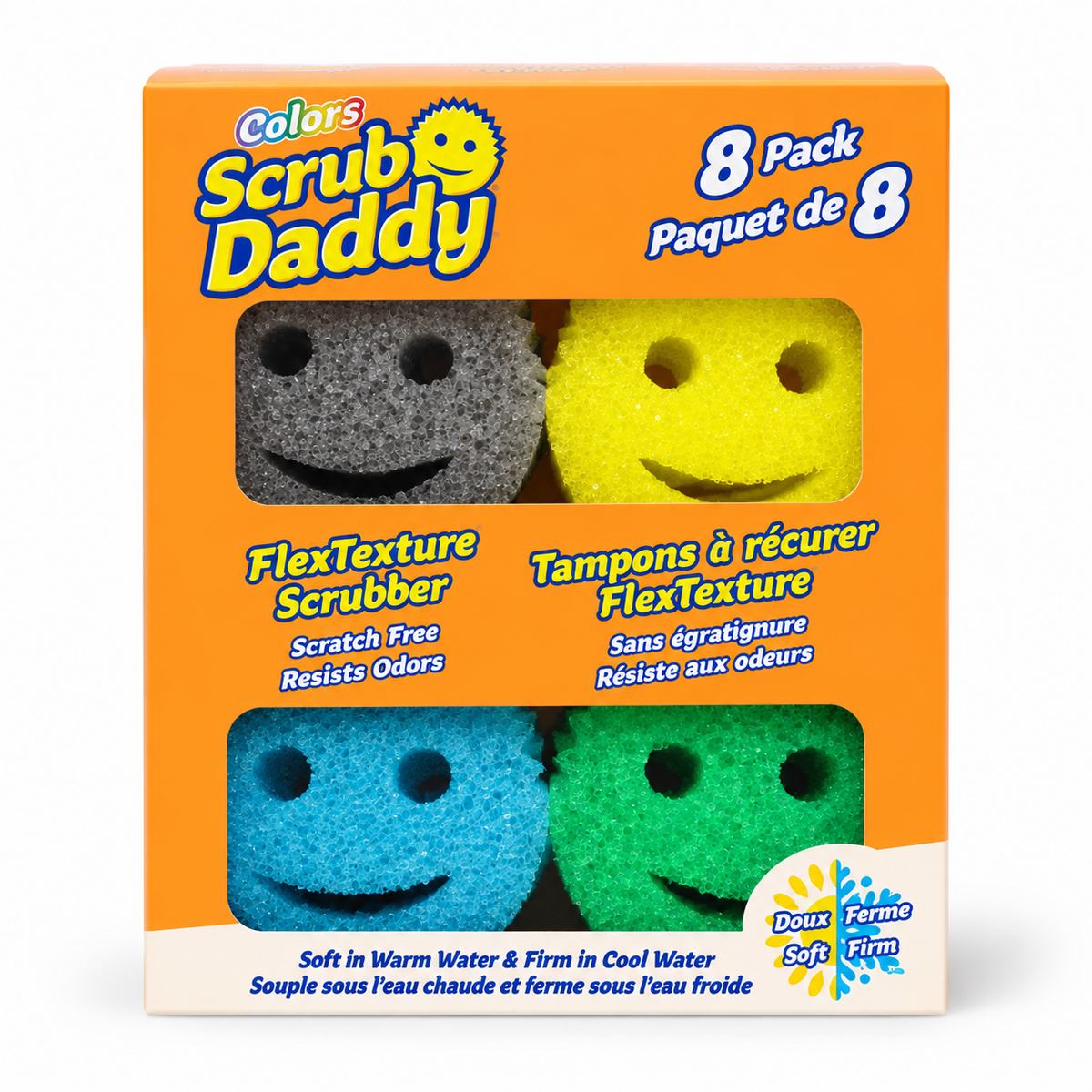 Scrub Daddy Colors Variety Pack, 8 Count, FlexTexture Scratch-Free Scrub Sponges, Odor-Resistant, Firm in Cold Water & Soft in Warm Water, Multicolor