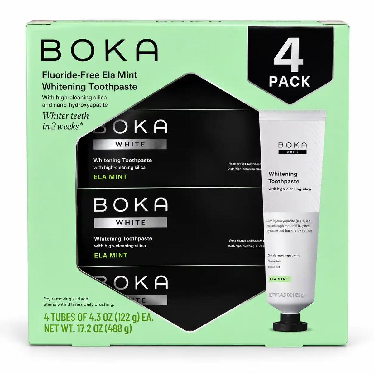 Boka Fluoride-Free Ela Mint Whitening Toothpaste with Nano-Hydroxyapatite & High-Cleaning Silica, 4.3 oz Tubes, 4 Pack, 17.2 oz Total