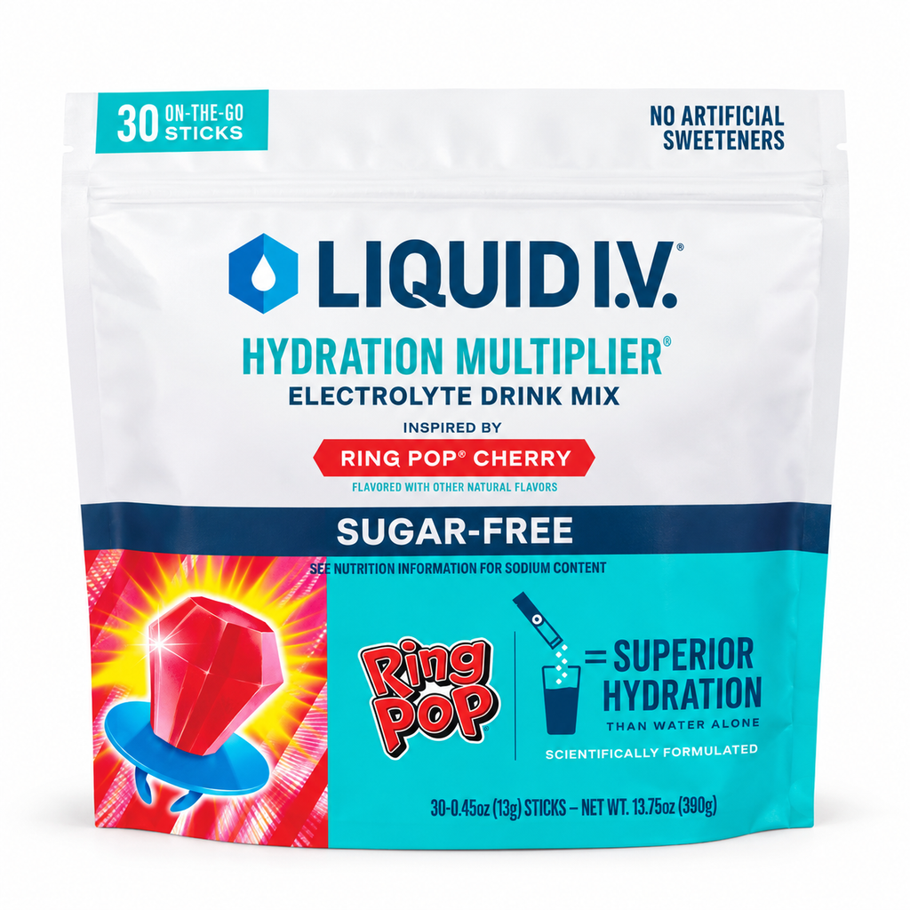 Liquid I.V. Hydration Multiplier Sugar-Free Electrolyte Drink Mix, Ring Pop Cherry Flavor, 30 Individual Stick Packs, Resealable Pouch