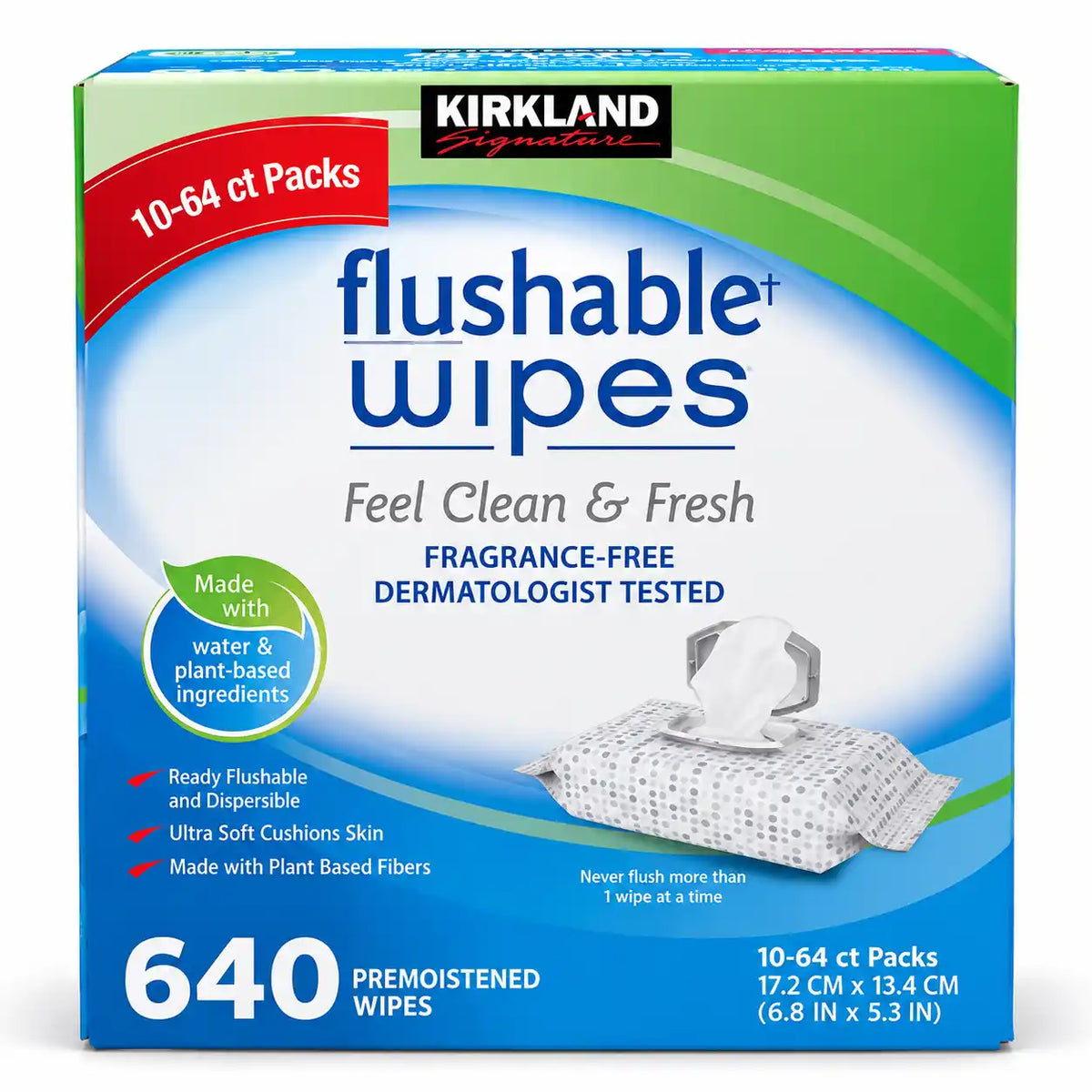 Kirkland Signature Flushable Wipes, Fragrance-Free, Dermatologist Tested, Ultra Soft, 10 Packs, 64 Wipes Each, 640 Count