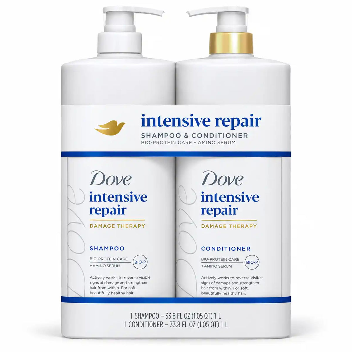 Dove Intensive Repair Shampoo & Conditioner Set, Damage Therapy with Bio-Protein Care + Amino Serum, 33.8 fl oz Each, 2 Pack, 67.6 fl oz Total