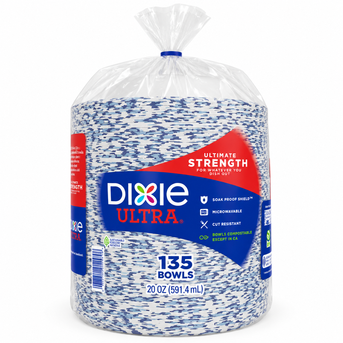 Dixie Ultra 20 oz Disposable Paper Bowls, Heavy-Duty, Soak-Proof, Microwave-Safe, Cut-Resistant, Blue & White Design, 135 Count