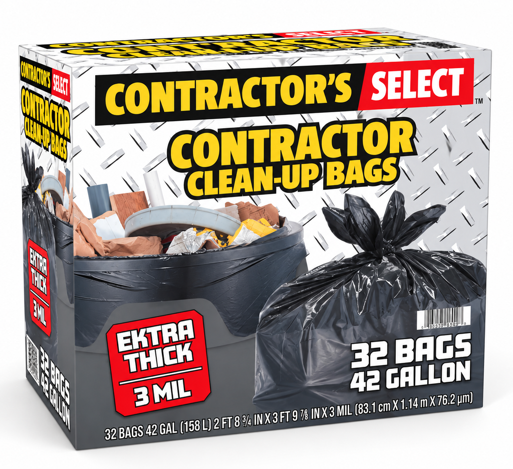 Contractor's Select Extra Thick Contractor Clean-Up Bags, 42 Gallon, 3 Mil Heavy-Duty Black Trash Bags, 32 Count