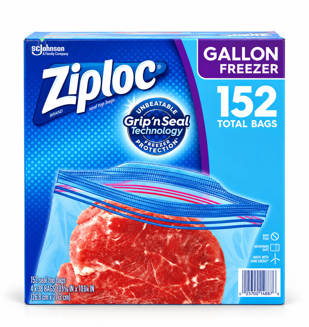 Ziploc Gallon Freezer Bags, Double Zipper Grip 'n Seal Technology, Easy Open Tabs, Freezer-Safe Food Storage Bags, 152 Count