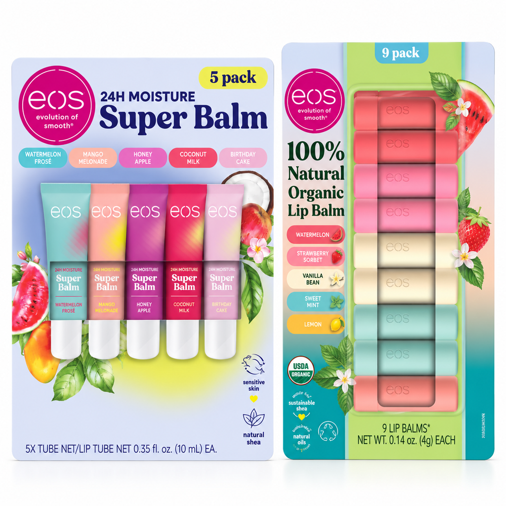 eos Lip Balm Bundle Set, Super Balm 5-Pack & 100% Natural Organic Lip Balm 9-Pack, Assorted Flavors, Moisturizing Lip Care, 14 Total Lip Balms