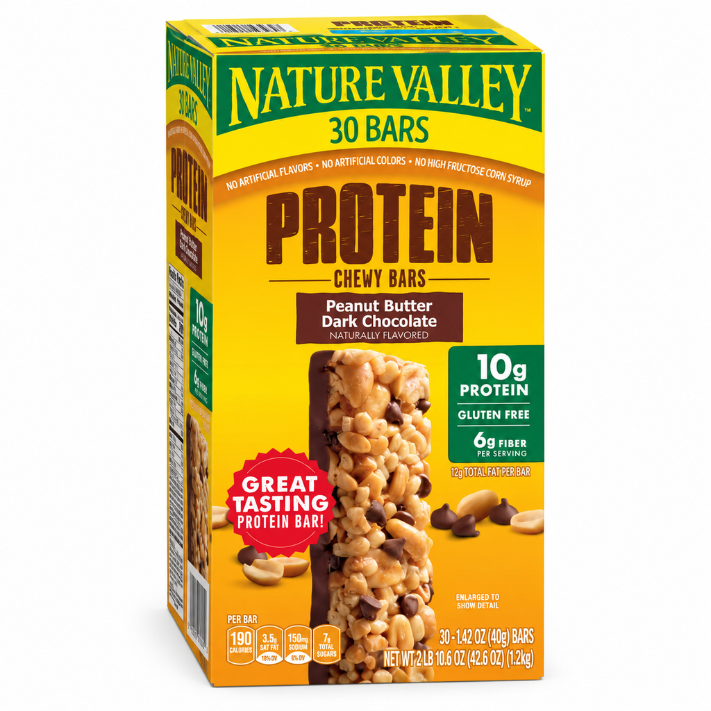 Nature Valley Protein Chewy Granola Bars, Peanut Butter Dark Chocolate, 10g Protein, Gluten Free, 6g Fiber, 30 Individually Wrapped Bars, 42.6 oz