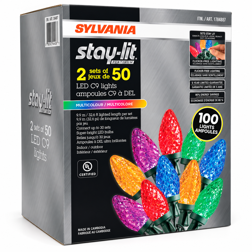 Sylvania Stay-Lit C9 Faceted LED Christmas Lights, Multicolor, 100 Bulbs, 2 Sets of 50, Indoor/Outdoor Holiday String Lights
