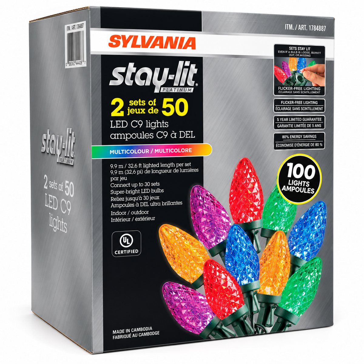 Sylvania Stay-Lit C9 Faceted LED Christmas Lights, Multicolor, 100 Bulbs, 2 Sets of 50, Indoor/Outdoor Holiday String Lights
