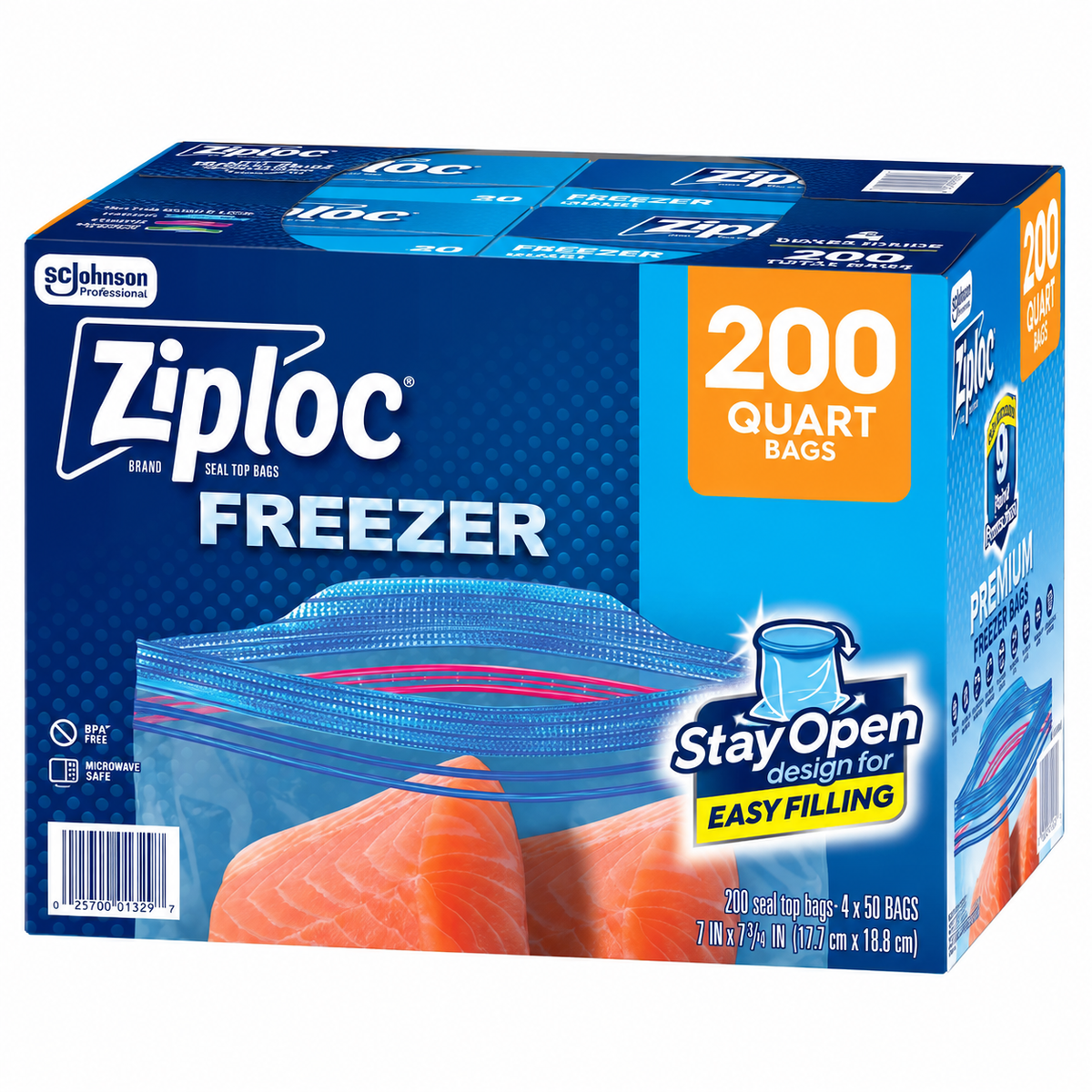 Ziploc Seal Top Quart Freezer Bags, 200 Count, Stay Open Design, Easy Filling, Food Storage & Freezer Protection