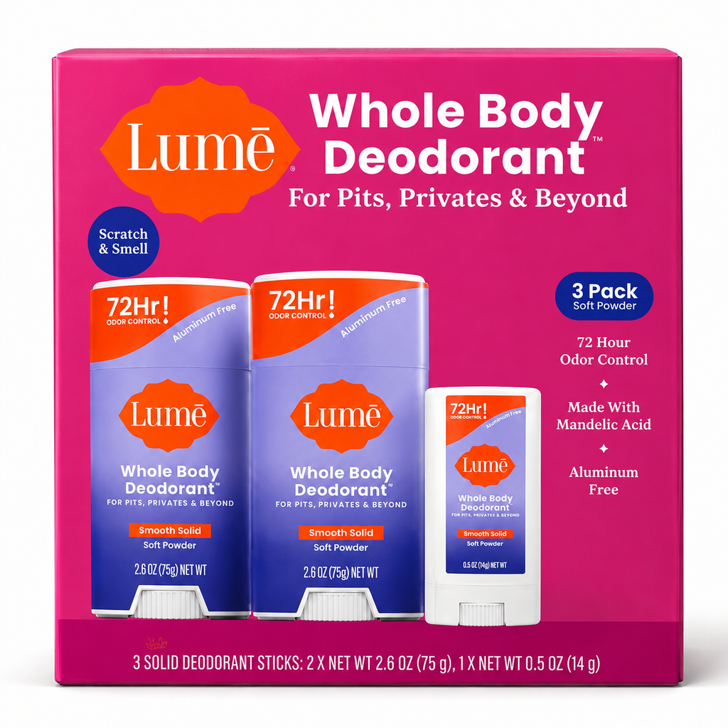 Lume Whole Body Deodorant, Soft Powder Scent, 3 Pack, Aluminum-Free, 72-Hour Odor Control, Smooth Solid Deodorant for Pits, Privates & Body, 2 Full Size + 1 Travel Size