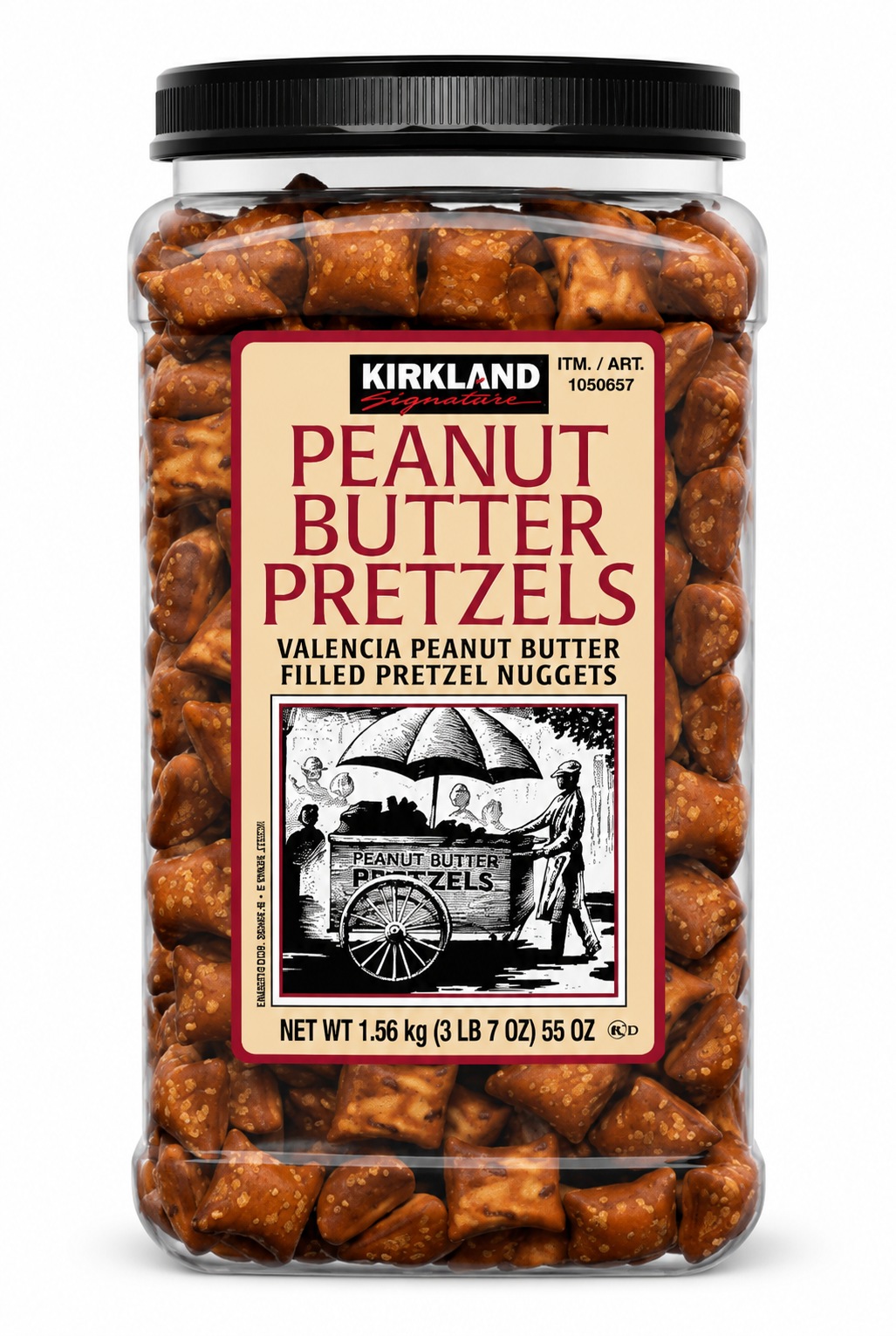 Kirkland Signature Peanut Butter Filled Pretzel Nuggets, Crunchy Salted Pretzel Snacks with Creamy Peanut Butter Filling, 55 oz Jar