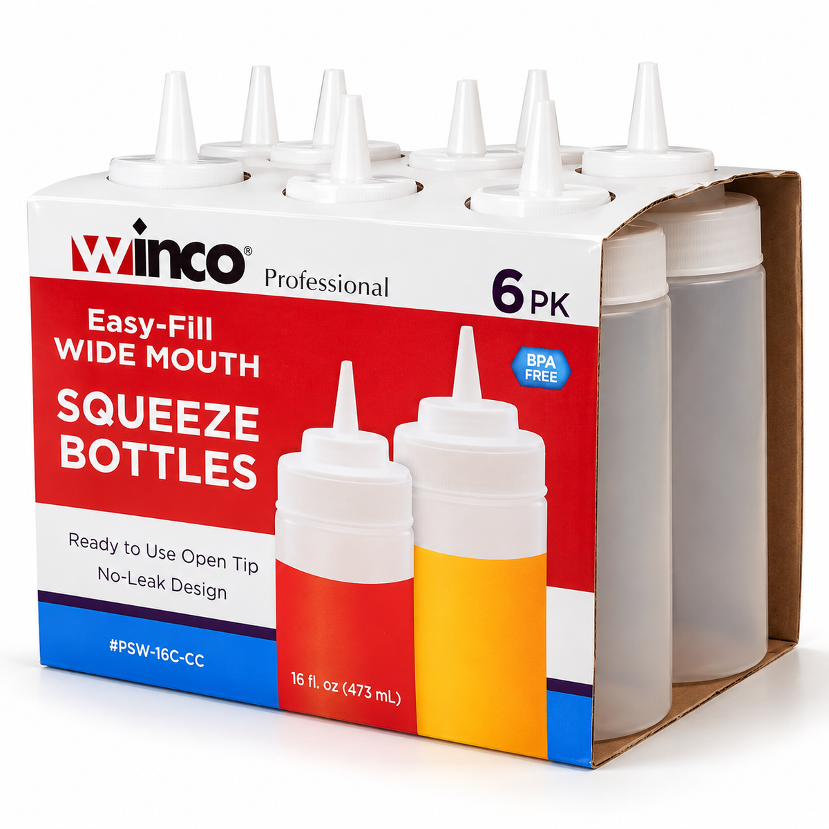 Winco Professional Easy-Fill Wide Mouth Squeeze Bottles, 16 fl oz Each, BPA-Free, No-Leak Design, Open Tip Condiment Dispensers, 6 Pack