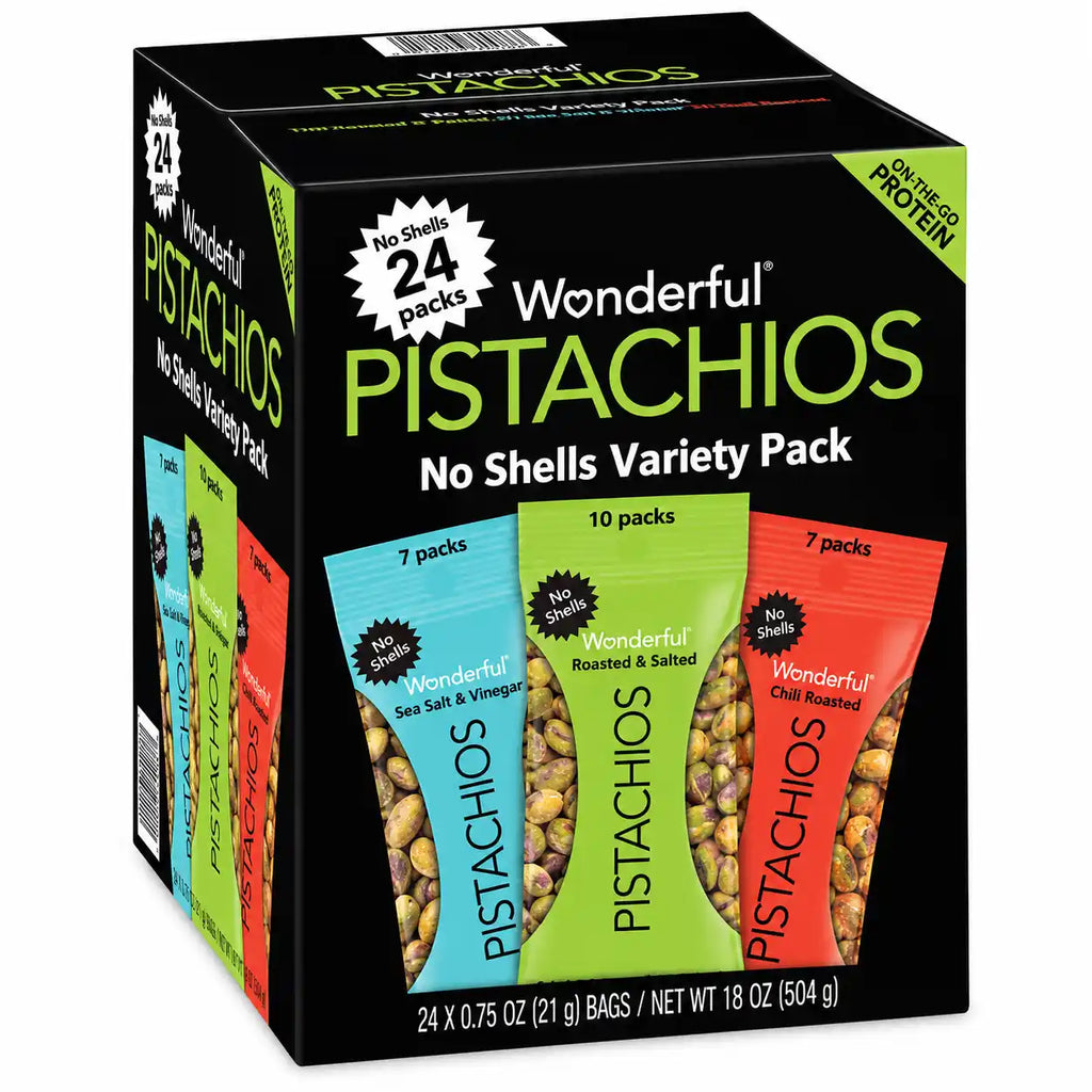 Wonderful Pistachios No Shells Variety Pack, 24 Individual Snack Bags, Roasted & Salted, Sea Salt & Vinegar, Chili Roasted, 0.75 oz Each, 18 oz Total