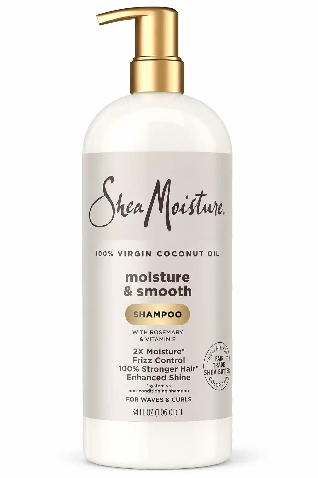SheaMoisture 100% Virgin Coconut Oil Moisture & Smooth Shampoo with Rosemary & Vitamin E, For Waves & Curls, 34 fl oz (1 L)