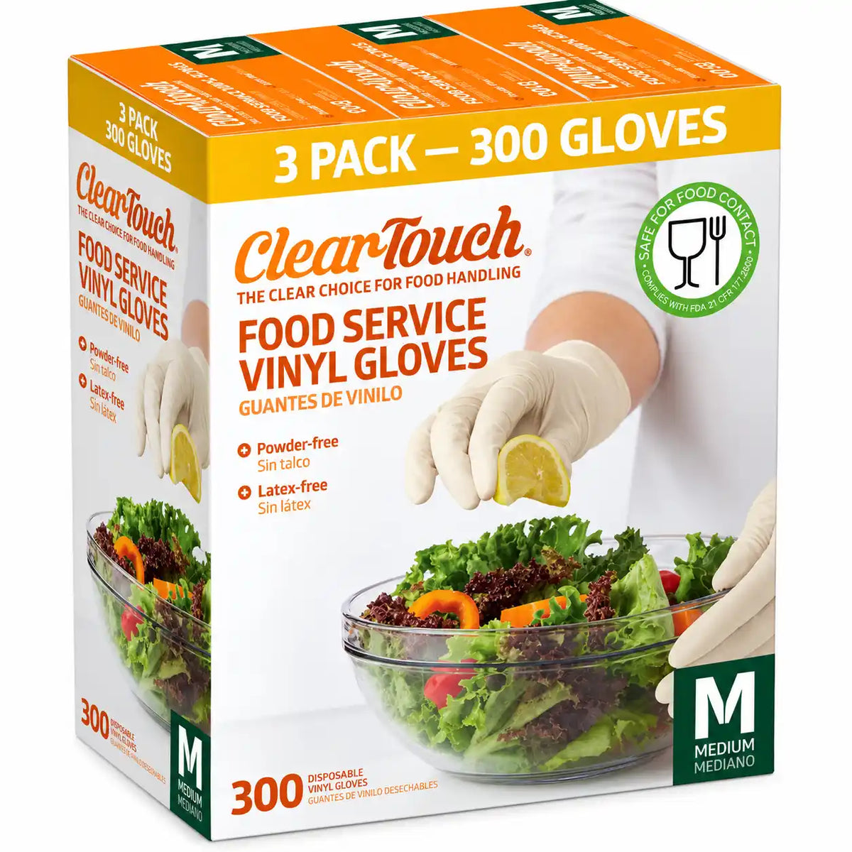 ClearTouch Food Service Vinyl Gloves, Medium Size, Powder-Free, Latex-Free, Disposable Gloves for Food Handling, Cooking, Cleaning & Everyday Use, 300 Count (3 Pack)