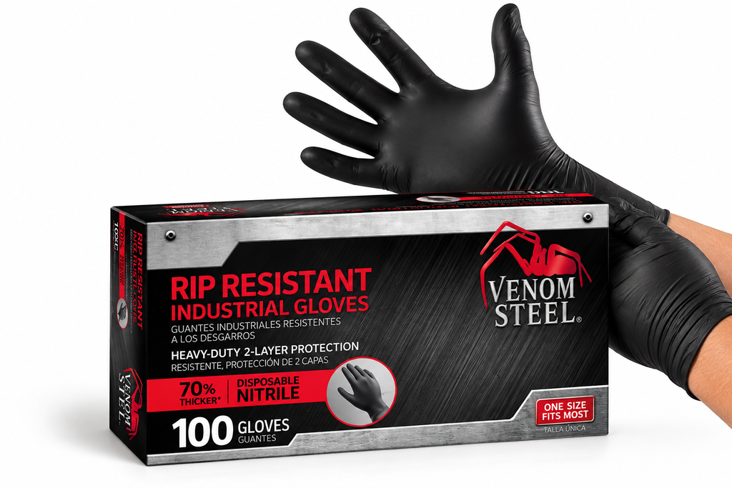 Venom Steel Premium Industrial Black Nitrile Gloves, Rip Resistant, Heavy-Duty Disposable Gloves, One Size Fits Most, 100 Count