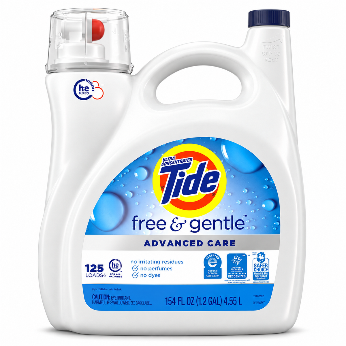 Tide Free & Gentle Advanced Care Liquid Laundry Detergent, HE Compatible, No Perfumes or Dyes, 125 Loads, 154 fl oz