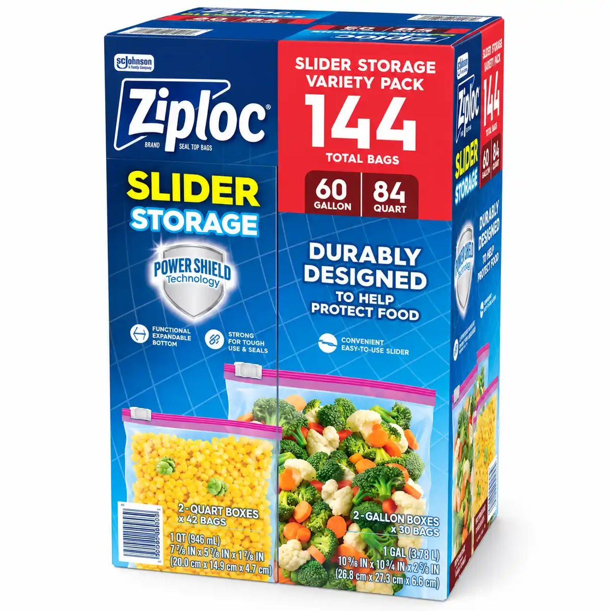 Ziploc Slider Storage Bags Variety Pack, Power Shield Technology, Gallon & Quart Sizes, 144 Total Bags (60 Gallon + 84 Quart)
