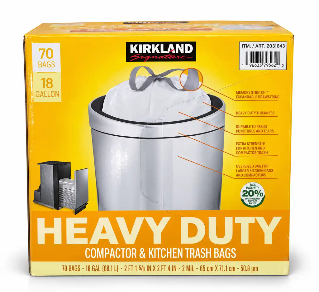 Kirkland Signature 18 Gallon Trash Bags – Heavy Duty Compactor & Kitchen Garbage Bags, 2 Mil Thick, Expandable Drawstring (70 Count)