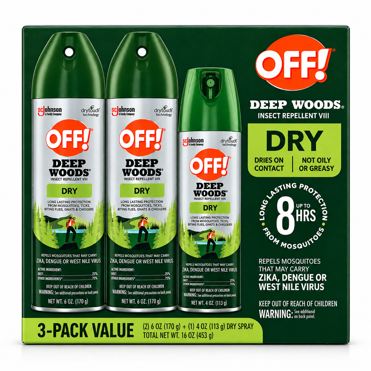 OFF! Deep Woods Dry Insect Repellent VIII, 3-Pack Value, 2 × 6 oz + 1 × 4 oz, Up to 8 Hours Mosquito Protection