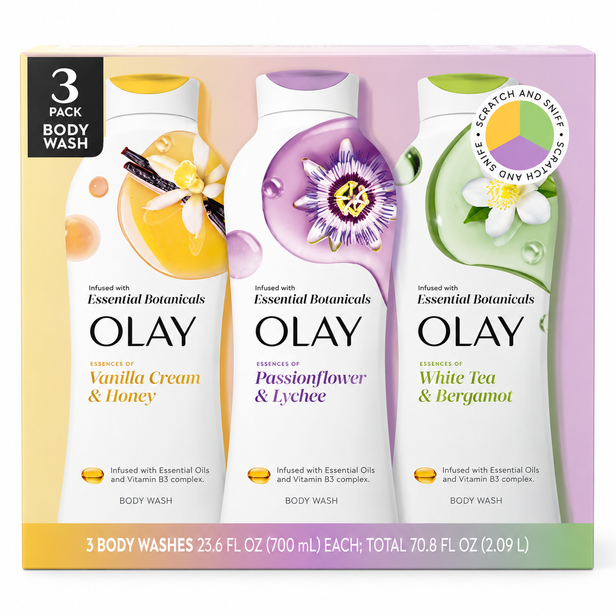 Olay Essential Botanicals Body Wash Variety Pack, Vanilla Cream & Honey, Passionflower & Lychee, White Tea & Bergamot, Essential Oil Infused, 23.6 fl oz Each, 3-Pack
