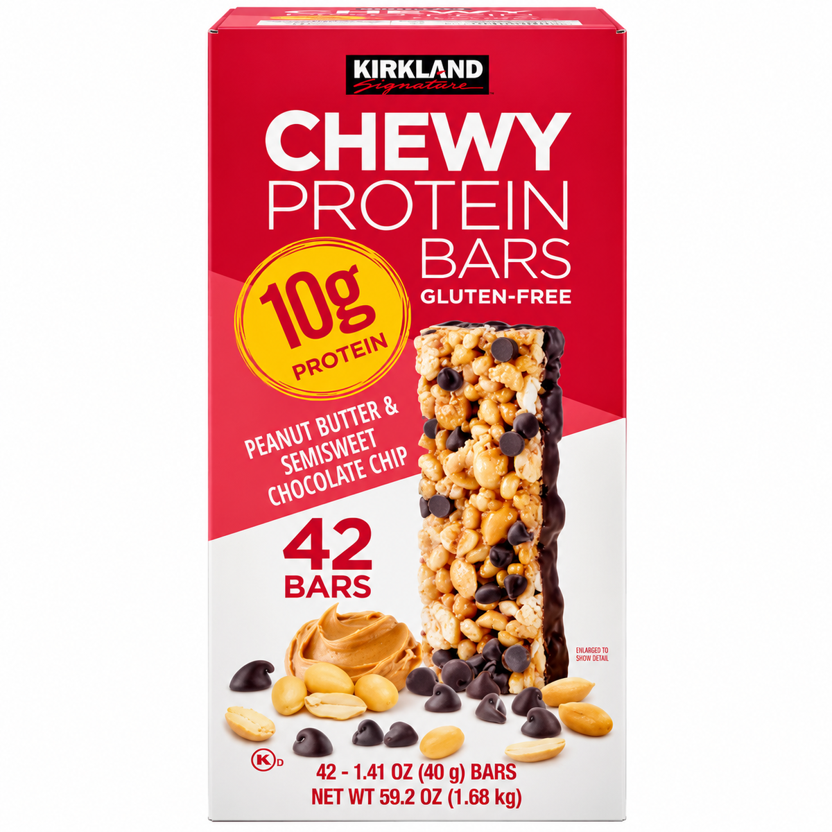 Kirkland Signature Chewy Protein Bars, Peanut Butter & Semisweet Chocolate Chip, 10g Protein, Gluten-Free, 1.41 oz Bars, 42 Count