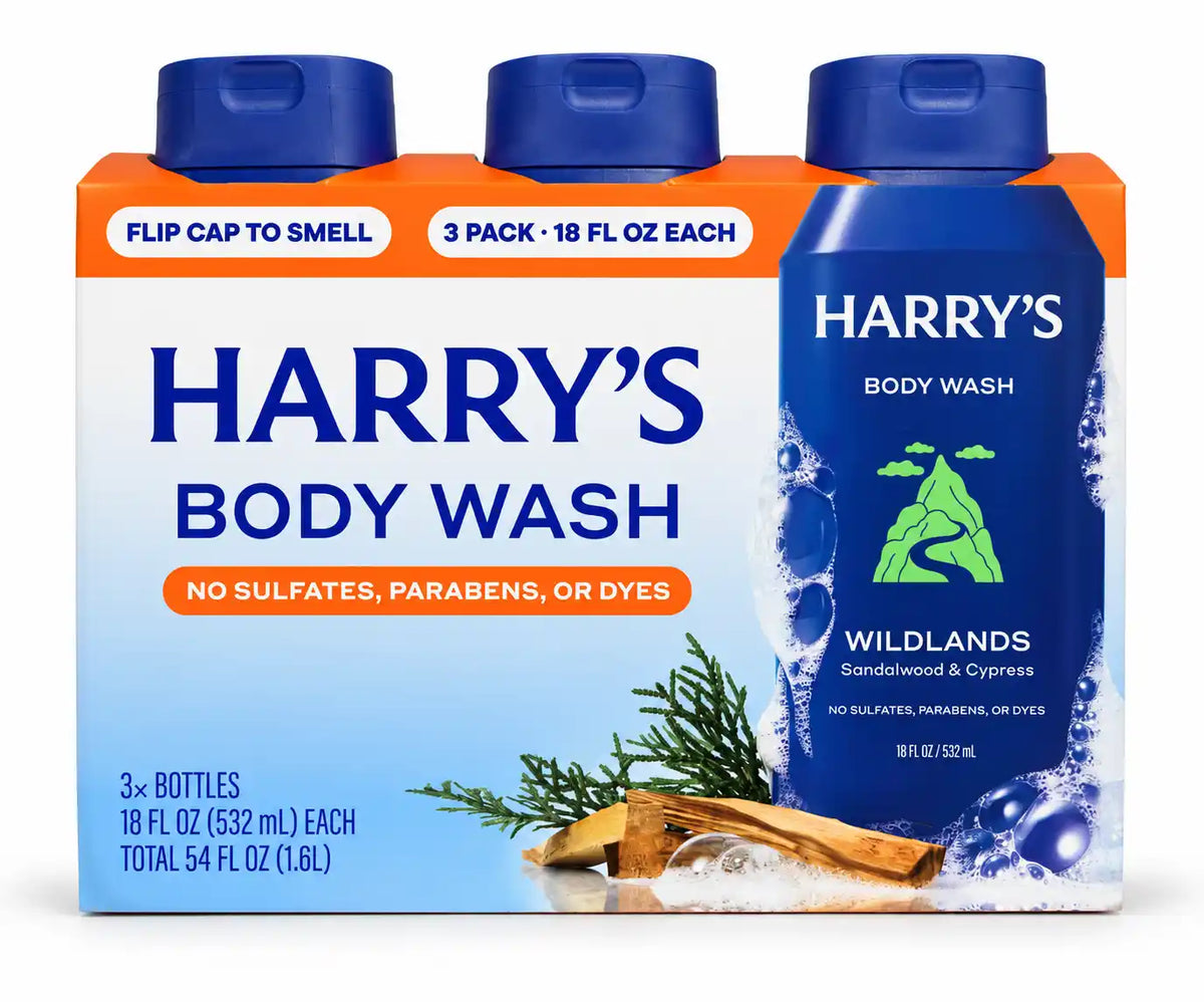 Harry’s Wildlands Body Wash, Sandalwood & Cypress, No Sulfates, Parabens or Dyes, 18 fl oz Each, 3 Pack, 54 fl oz Total