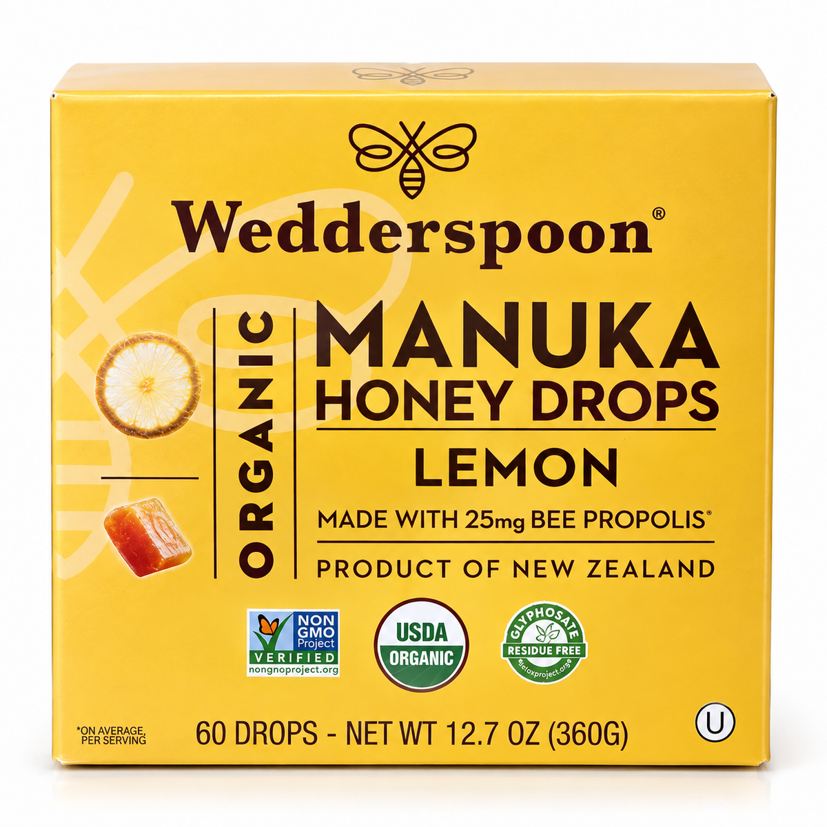 Wedderspoon Organic Manuka Honey Drops, Lemon Flavor, Made with 25mg Bee Propolis, Slow-Dissolving Honey Lozenges, 60 Drops, 12.7 oz (360g)