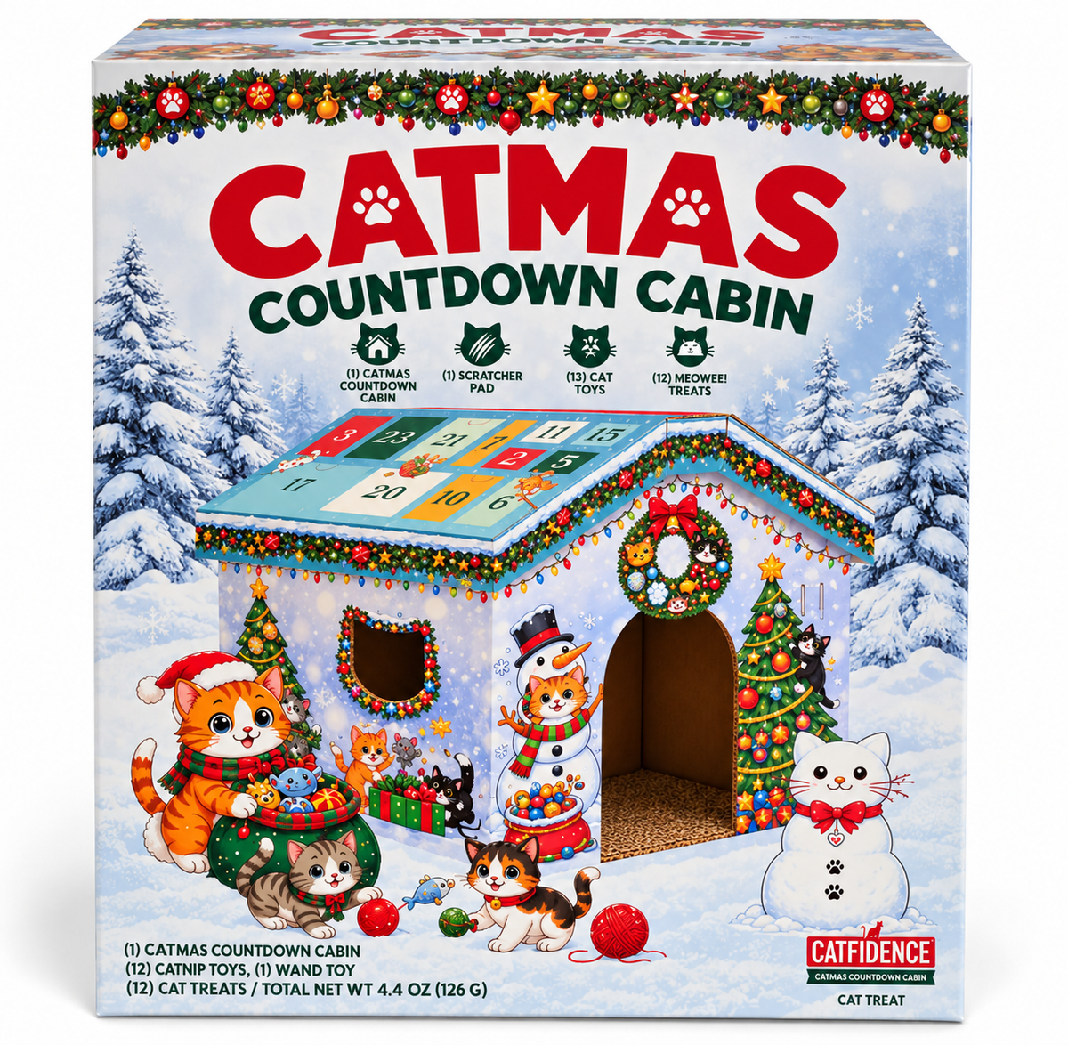 Catmas Countdown Cabin 25-Day Cat Advent Calendar, Christmas Cat House with 13 Toys, 12 Treats & Scratcher Pad, Holiday Countdown Gift for Cats