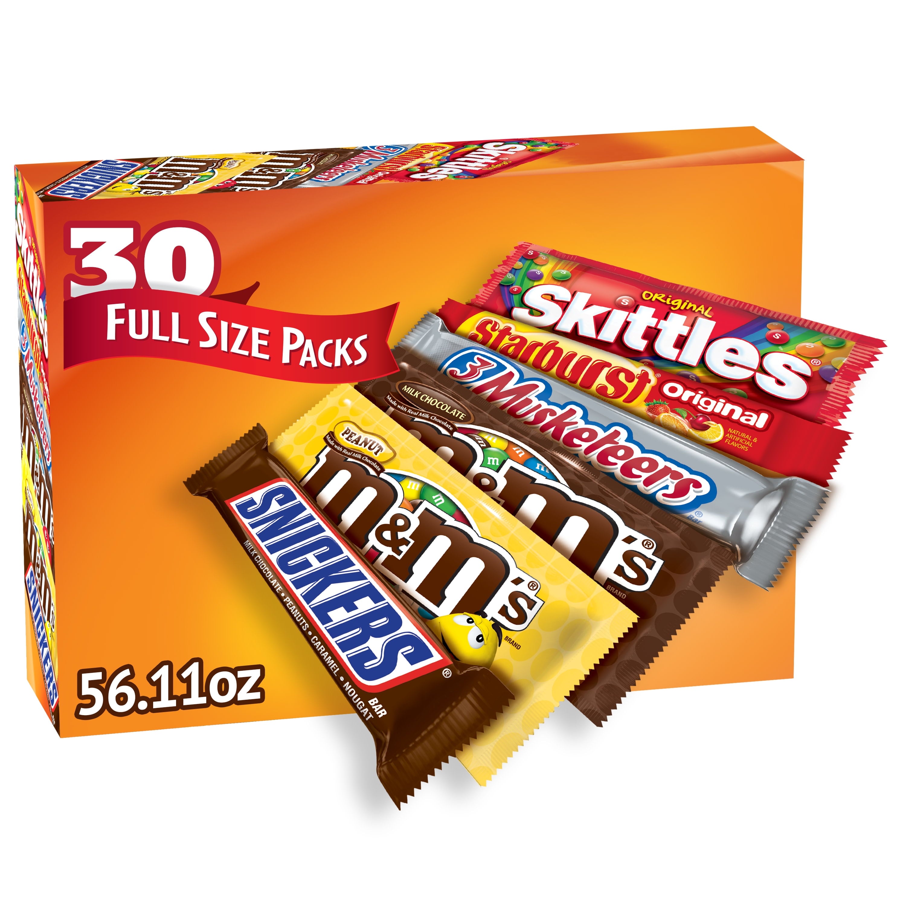 M&M's, Snickers, 3 Musketeers, Skittles & Starburst Variety Pack Full Size Candy Assortment - 30 Bars